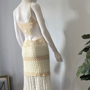 Beige Crochet Maxi Dress Resort Beach Vacation Boho Chic